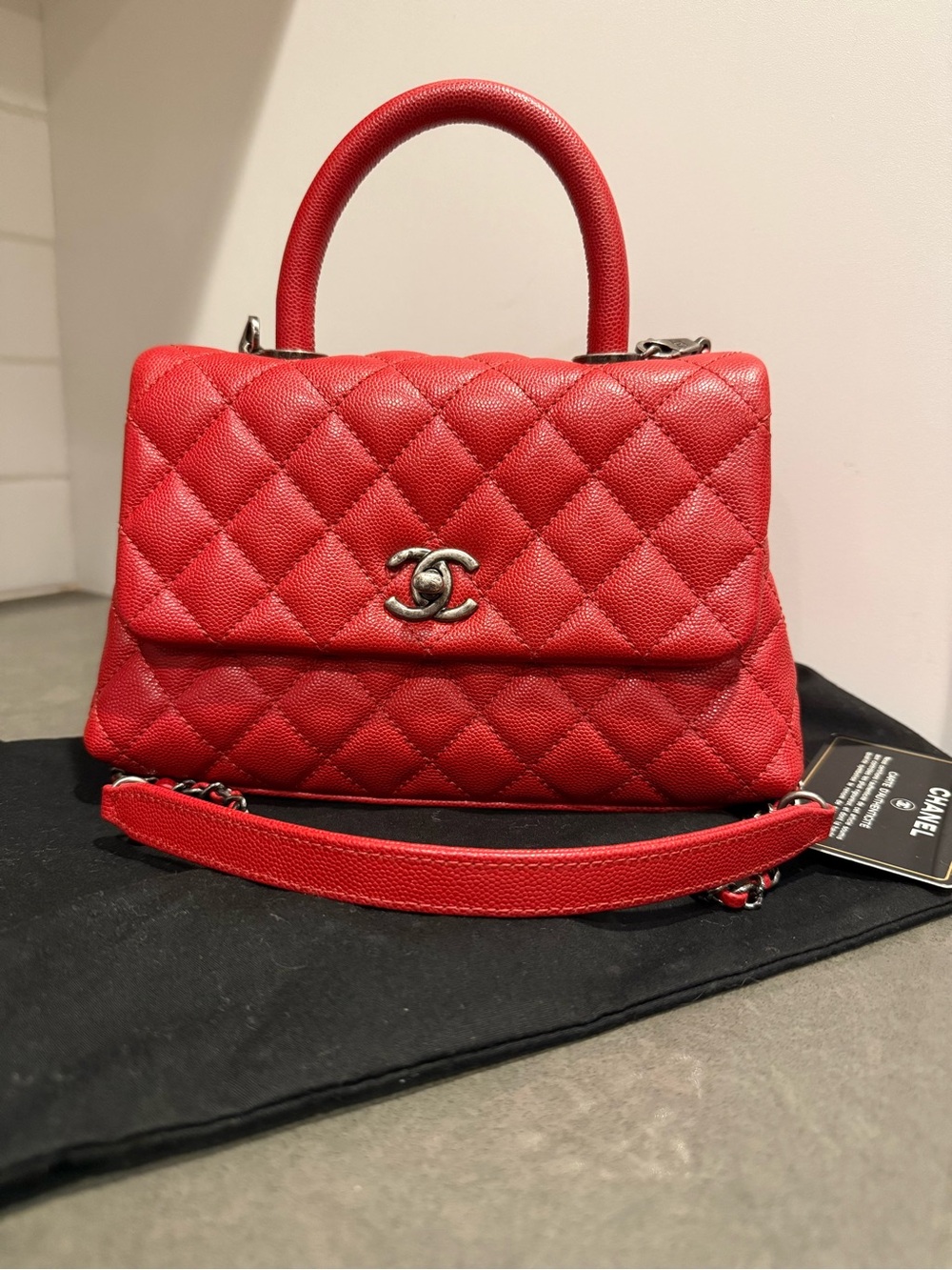 CHANEL Red Caviar Mini Coco Top Handle Silver Hardware